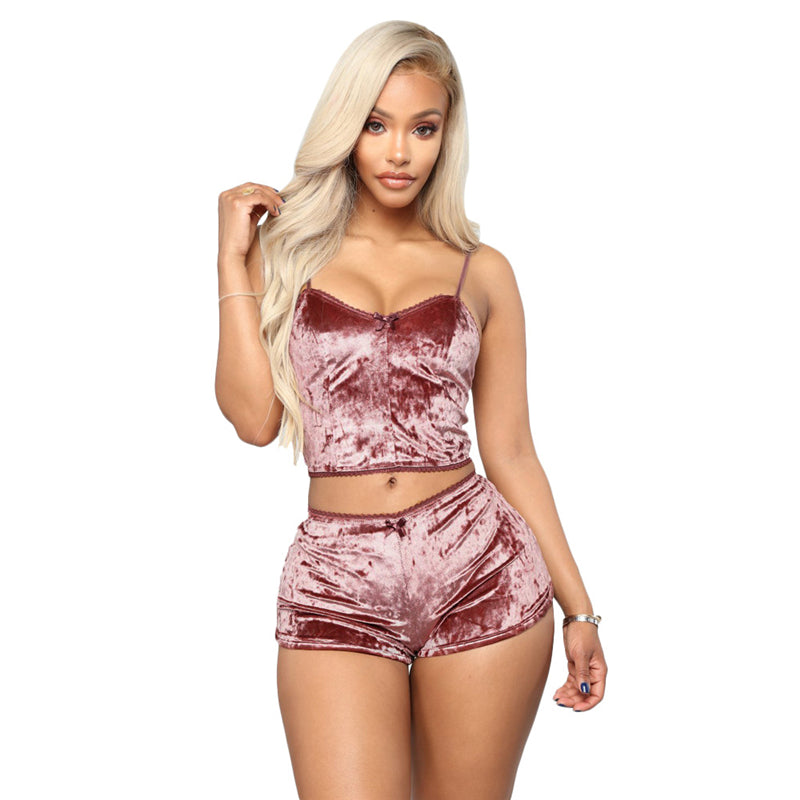 Velvet Tracksuit Sexy V Neck Spaghetti Straps Crop Top + Shorts Fashion Night Club Suits Two Piece Set Outfits