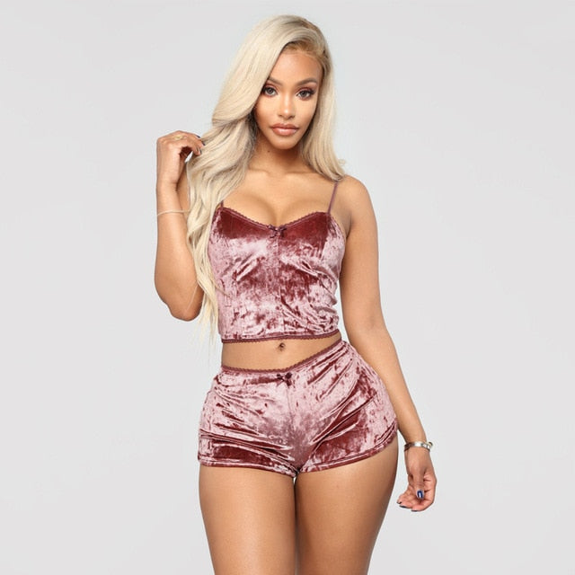 Velvet Tracksuit Sexy V Neck Spaghetti Straps Crop Top + Shorts Fashion Night Club Suits Two Piece Set Outfits