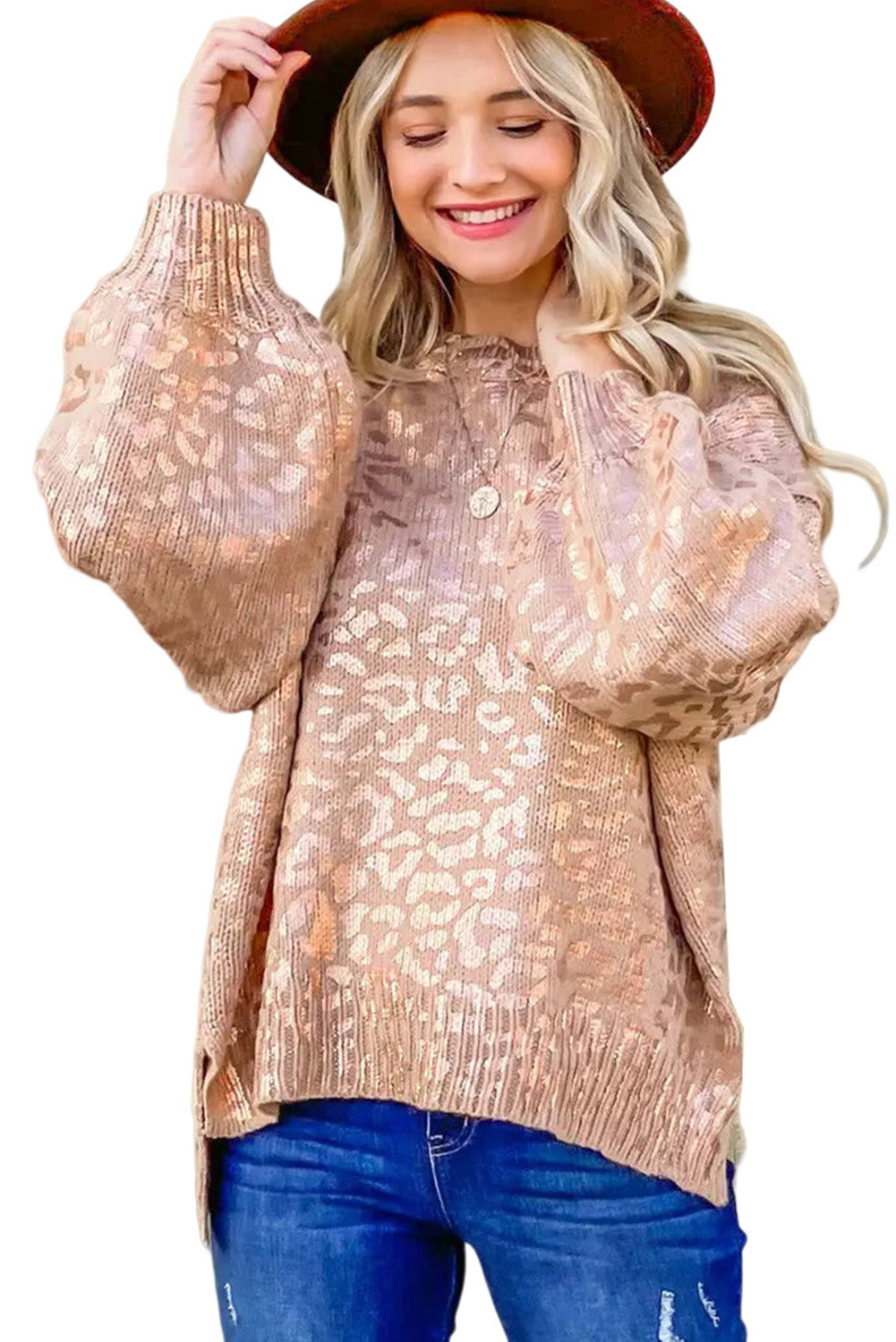 Apricot Glitter Leopard Print Puff Sleeve Sweater
