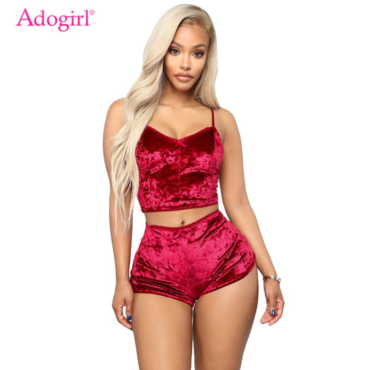 Velvet Tracksuit Sexy V Neck Spaghetti Straps Crop Top + Shorts Fashion Night Club Suits Two Piece Set Outfits
