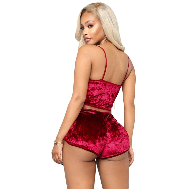 Velvet Tracksuit Sexy V Neck Spaghetti Straps Crop Top + Shorts Fashion Night Club Suits Two Piece Set Outfits