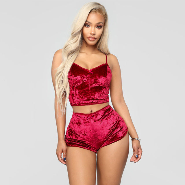 Velvet Tracksuit Sexy V Neck Spaghetti Straps Crop Top + Shorts Fashion Night Club Suits Two Piece Set Outfits