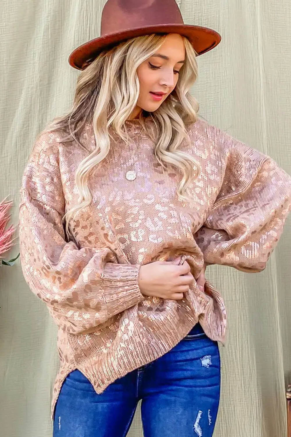Apricot Glitter Leopard Print Puff Sleeve Sweater